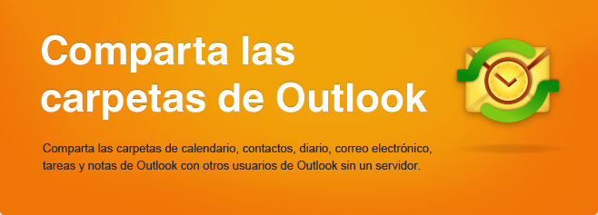 Comparta las carpetas de calendario, contactos, diario, correo electrónico, tareas y notas de Outlook con otros usuarios de Outlook sin un servidor.