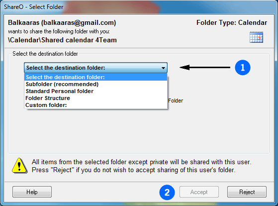 Accepting the invitation to share Outlook folder